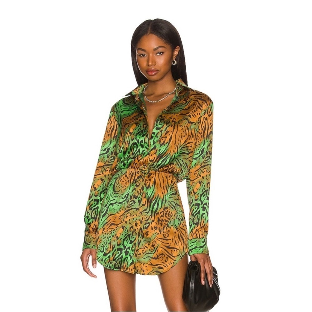 Camila Coelho Green and Orange Animal Print Long Sleeve Dress